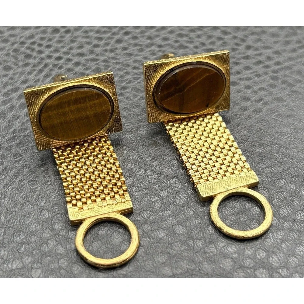 Vintage Tiger Eye Gold Tone Mesh Wrap Around Cufflinks